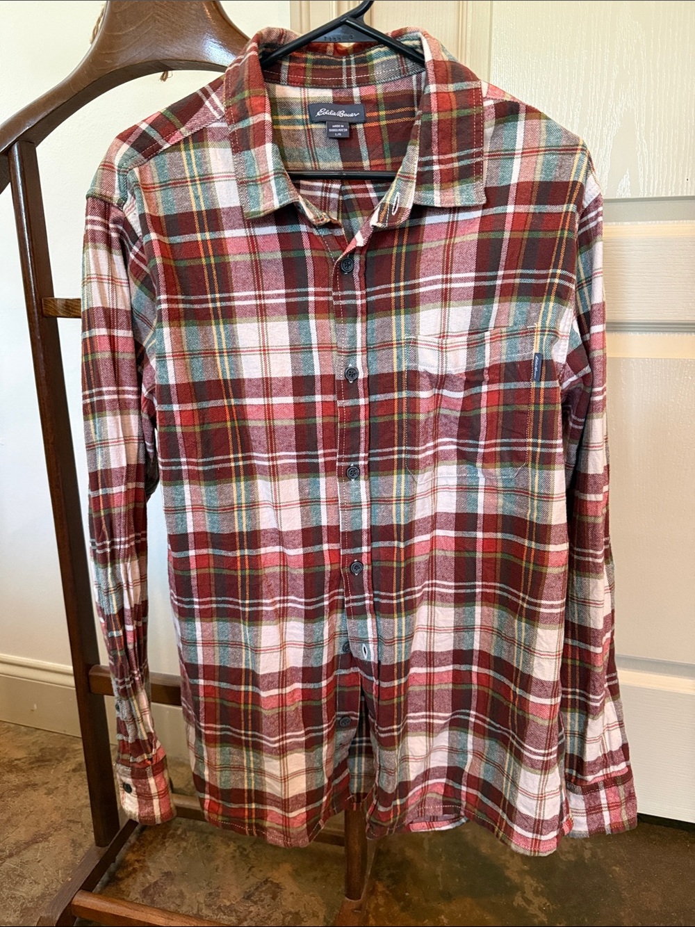 Eddie Bauer Red, White and Green Plaid Long-Sleeve Button Shirt